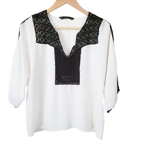 Zara Basic Collection White Lace Trim Relaxed Fit Blouse Top Small